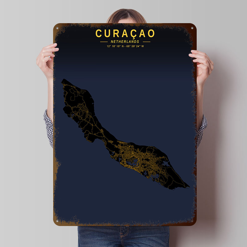 Retro Gaming Island - Cura??ao Island Map Tinplate Poster Customized